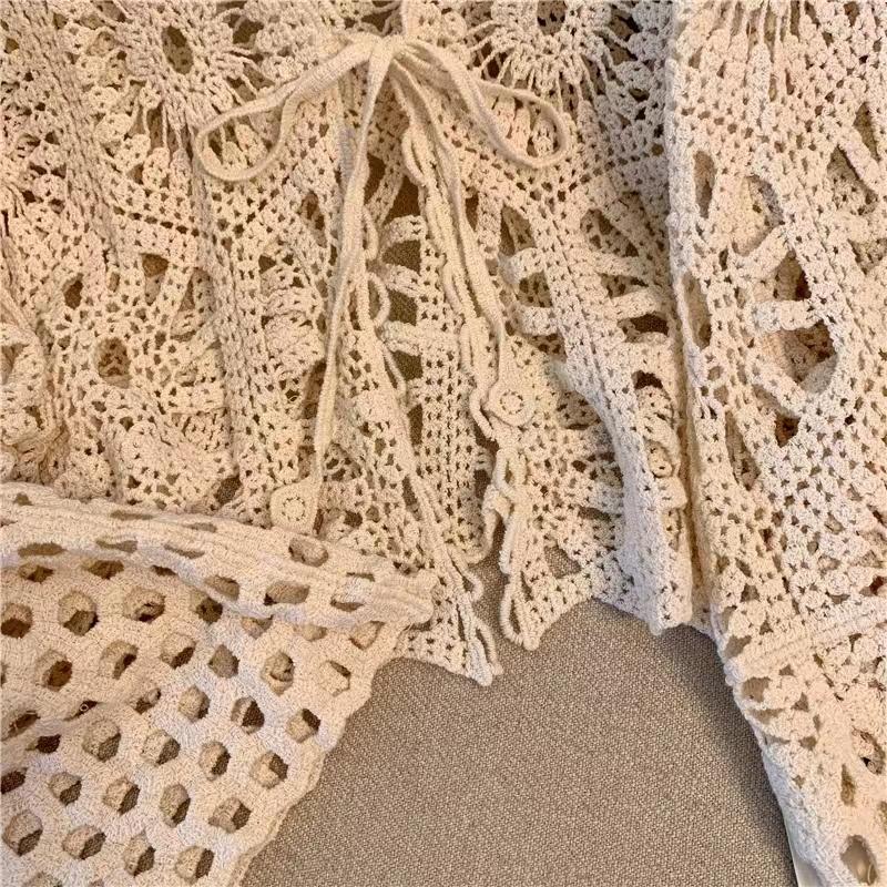 Cárdigan Chal de Ganchillo Bohemio con Cordones - Estilo Verano Resort para Mujer, Top de Manga Larga