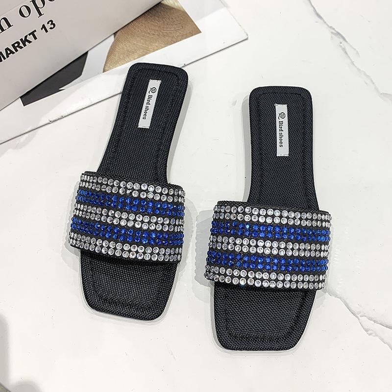 Slippers Women's Summer New Bright Rhinestone Flat Bottom Cool Slippers Women Wear Fashionable Soft Bottom One-word Drag Fairy Sandals