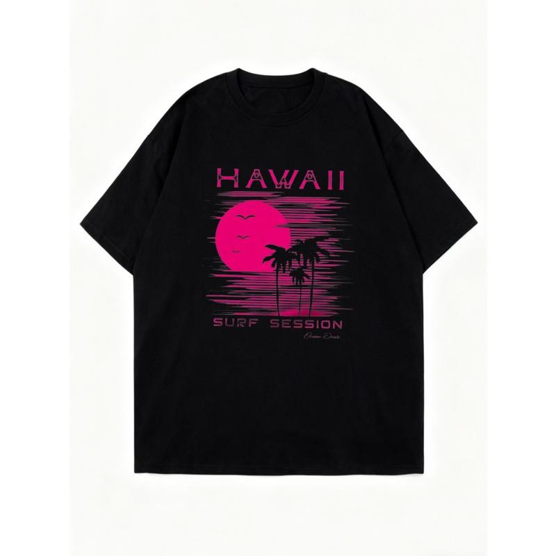 Tricou Oversized Negru Hawaii Sesiune de Surf Palme și Apus de Soare Imprimeu Grafic Îmbrăcăminte de Plajă de Vară