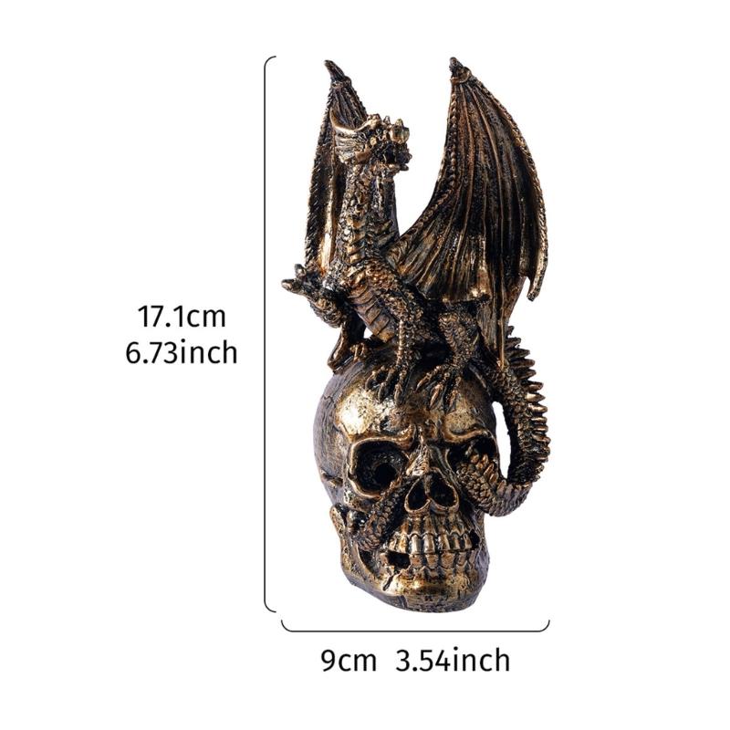 Metal-Look Dragon Skull Statue for Shelf and Desk Display, 17cm Figure for Fantasy Homes and Party Table Styling