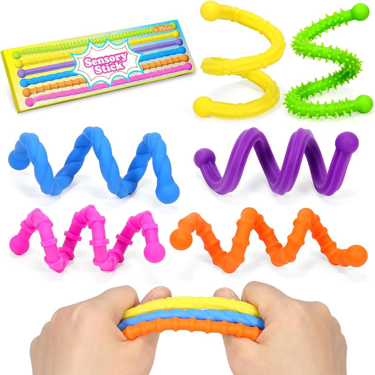 

Textured Silicone Sensory Strings – 6-Pack Fidget Set, Bright Stretchy Noodles for Tactile & Sensory Play, Calming Focus