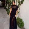 Black Mesh Maxi Dress For Women Sexy Sleeveless See-Through Pleated Party Dress Female Fashin Bodycon Long Dress 2025