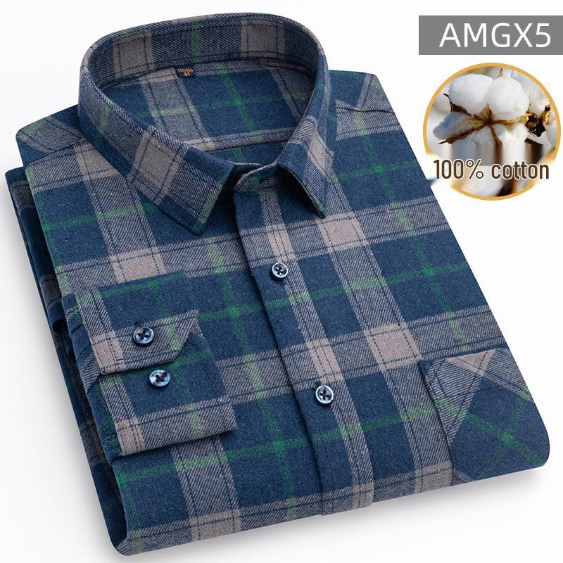 New Men's Plus Size Brushed Cotton Plaid Long Sleeve Shirt for Middle-Aged & Elderly with Straight Hem