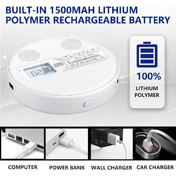 Rechargeable Portable CD Player with Dual Speakers and Anti Skip,Dual Bluetooth,FM Transmission,USB,AUX,LCD Display,Sensitive Button,Repeat,10 Speeds