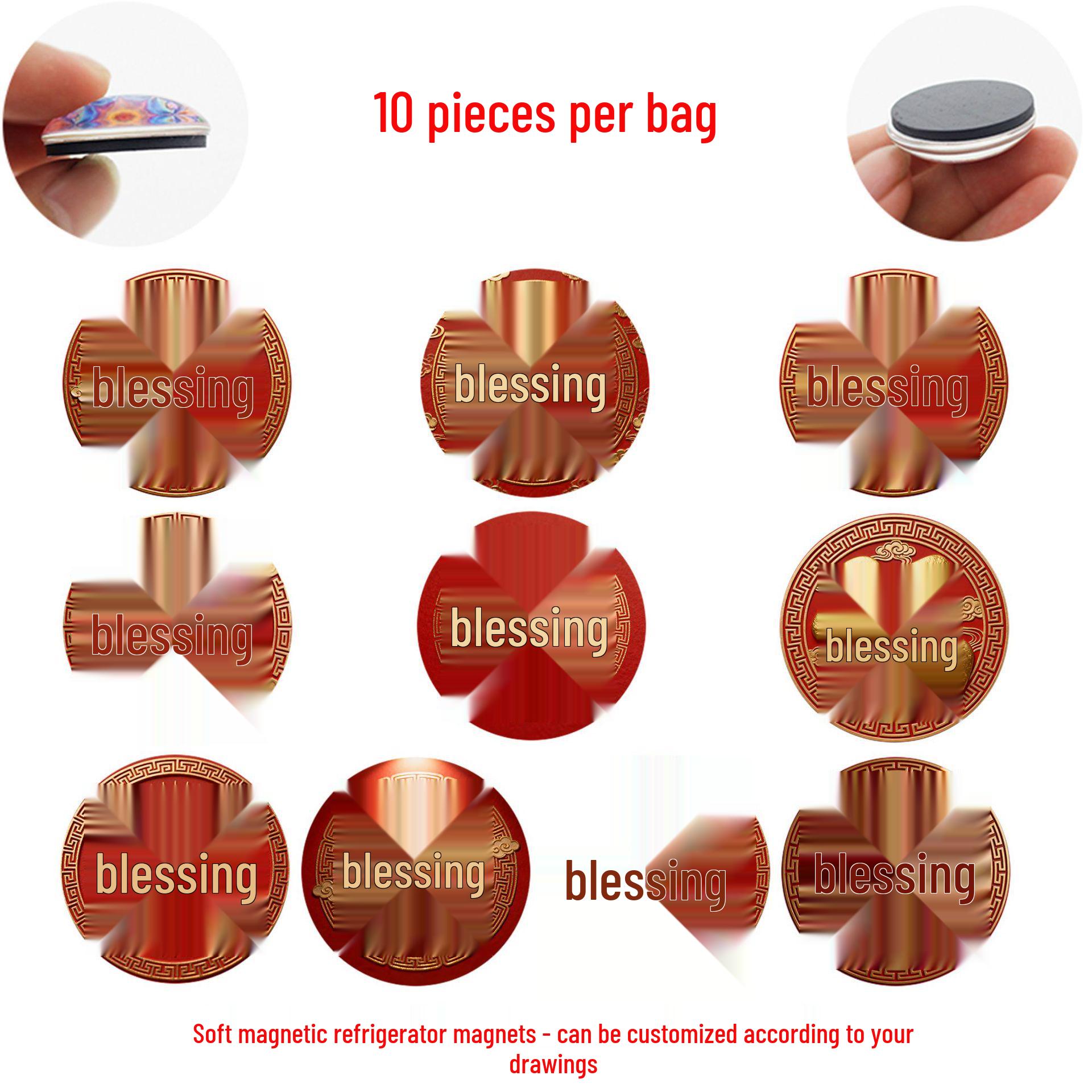 

2026 Year of the Horse Gold Fu Red Magnet for Refrigerator - New Year Festive Home Decoration 25 mm refrigerator magnet set of 10 (XTK161)