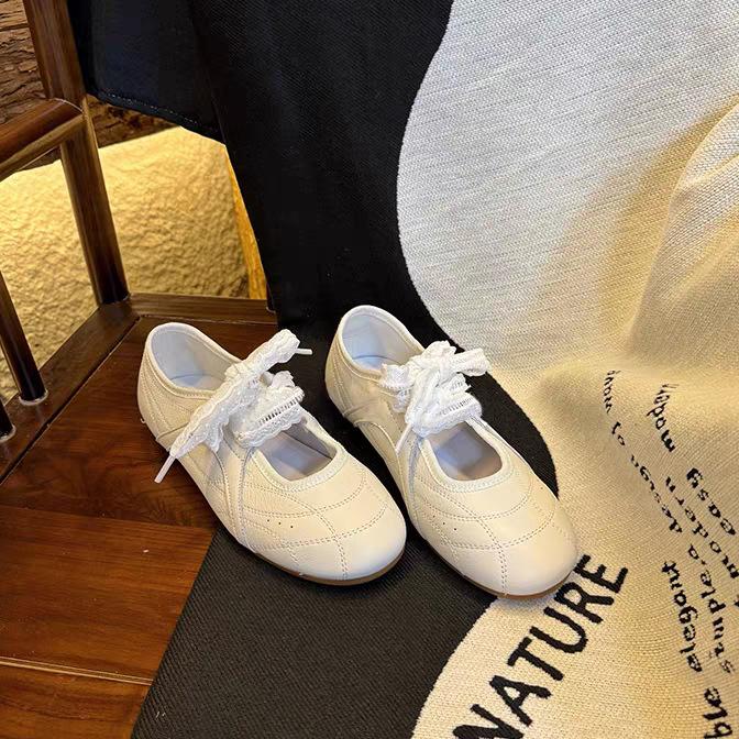 

Sheepskin version~ Silver niche lace-up soft-soled flat-heeled ballet shoes women s round head light mouth Mary Jane single shoes 35