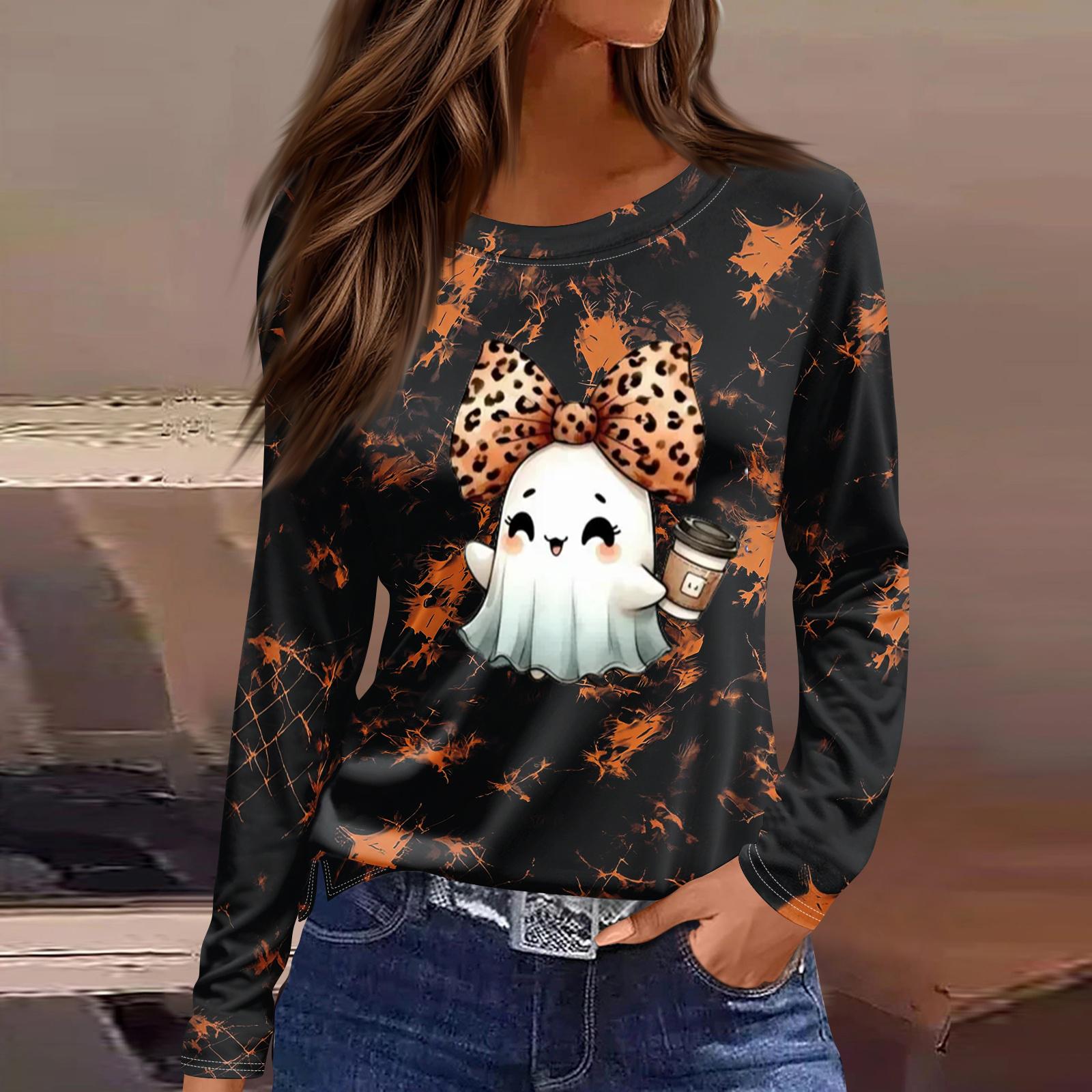 Women s Long Sleeve Round Neck Top with Halloween Print and Side Slit Hem S