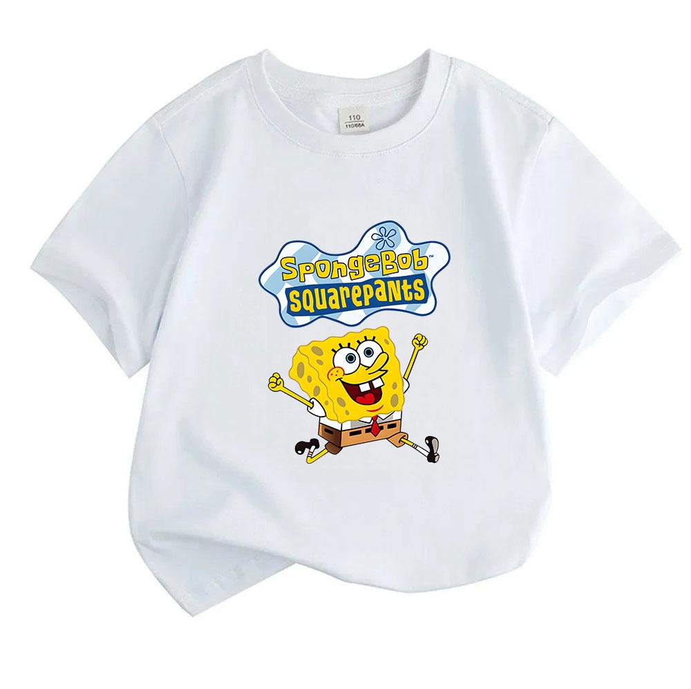 Kids Boys Girls Crew Neck Short Sleeve 100% Cotton T Shirt, Cute Happy Cartoon Yellow Sponge Printed Casual Loose Tees for Children Daily Wear Holiday