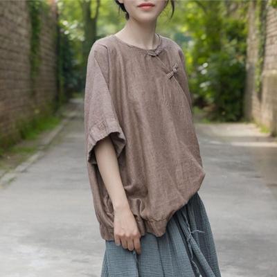 Damen T-Shirts im chinesischen Stil, einfarbig, O-Ausschnitt, halbe Ärmel, Sommer, lose Vintage-T-Shirts für Damen