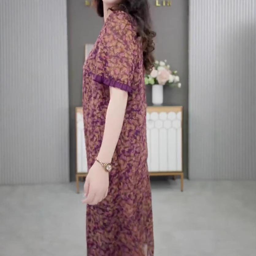 2025 Summer Plus Size Loose Fit Pleated Chiffon Slimming Dress for Women