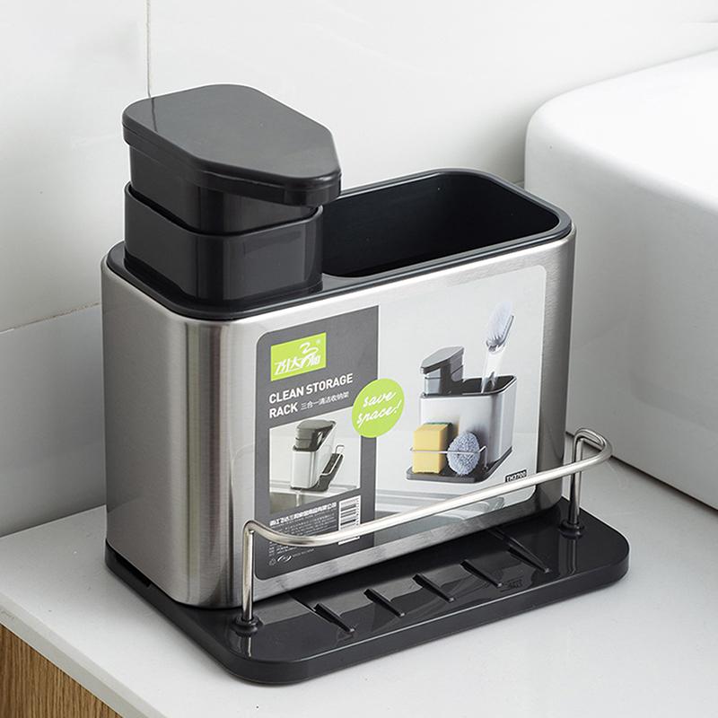 3-In-1 Kitchen Stainless Steel Tableware Soap Dispenser, Sponge Holder, Sink Organizer Drain Rack, Suitable For Kitchen Sinks