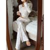 Womens Floral Ribbed Long Sleeve Long Pants Pajama Loungewear Set