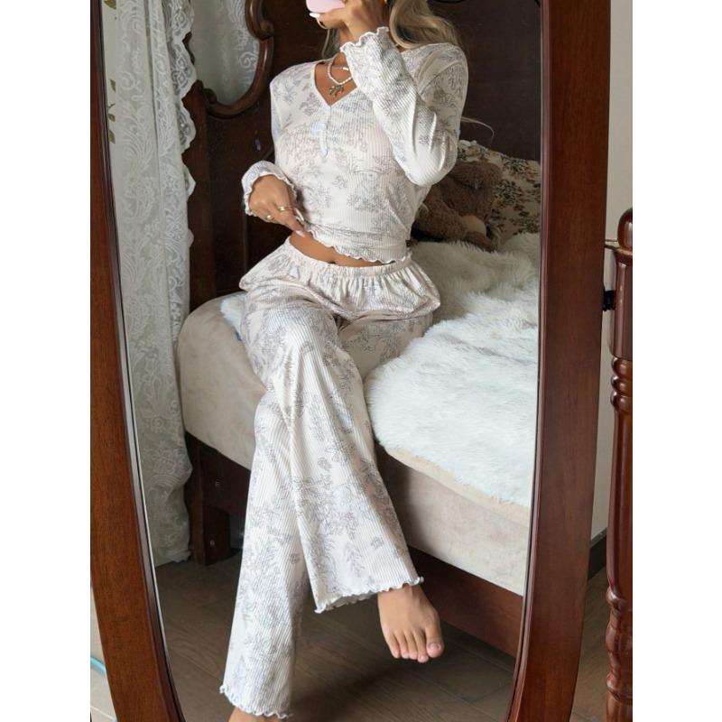 Womens Floral Ribbed Long Sleeve Long Pants Pajama Loungewear Set