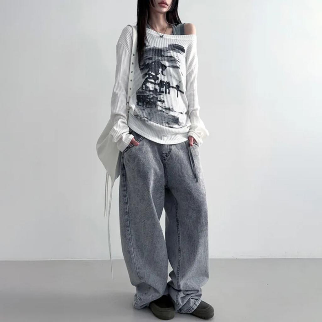 VAYLA Podzimní Harajuku Dámská Trička s Potiskem Vintage Streetwear Grunge Asymetrický Límec Topy Y2k Estetika Volné Ležérní Hiphop Vintage Topy