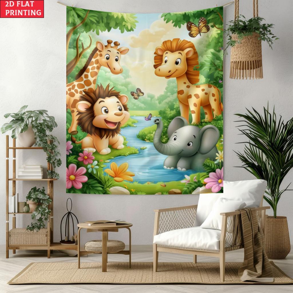 Arazzo da Parete Animali della Giungla Cartoni Animati Decorazione Stanza Bambini Stampa Leone Elefante Giraffa Arte Camera da Letto Bambini Design Giocoso