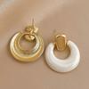 Korean Temperament White Oil-dripping Geometric Circle Gold Tone Dangle Earrings Women Simple Retro Daily Commuting Jewelry Gift