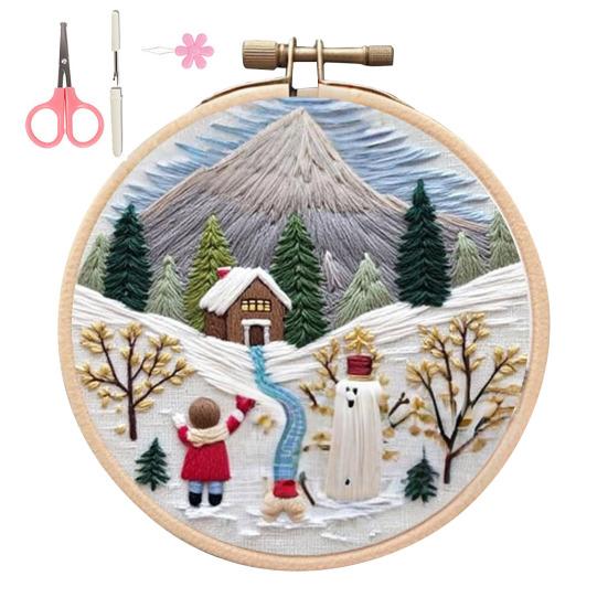 Christmas Embroidery Kit Winter Landscape Embroidery Starter Kit Santa Claus Embroidery Craft Set with Pattern Threads Needles for Beginners Adults