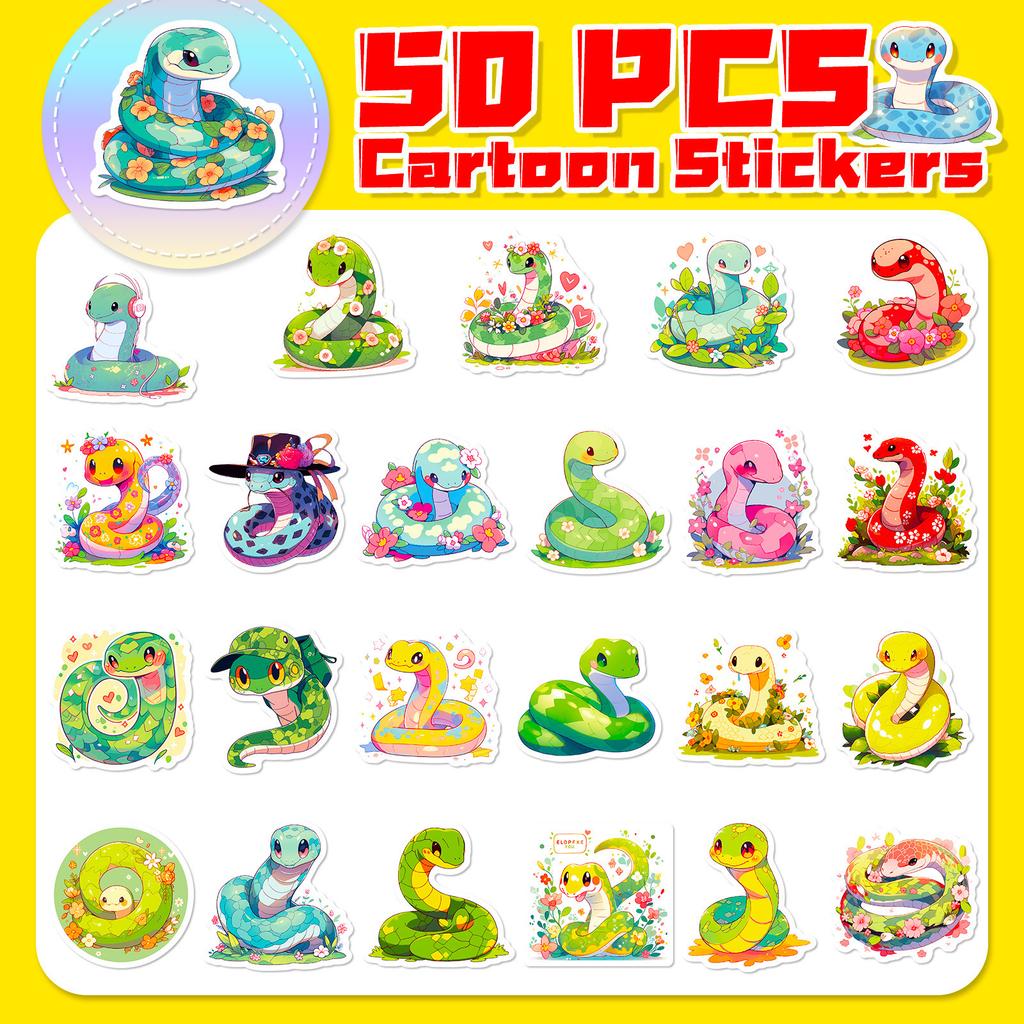 50 Cute Cartoon Snake Stickers New Style Reptile Cartoon Snake Snake Snake Personality Doodle Stickers