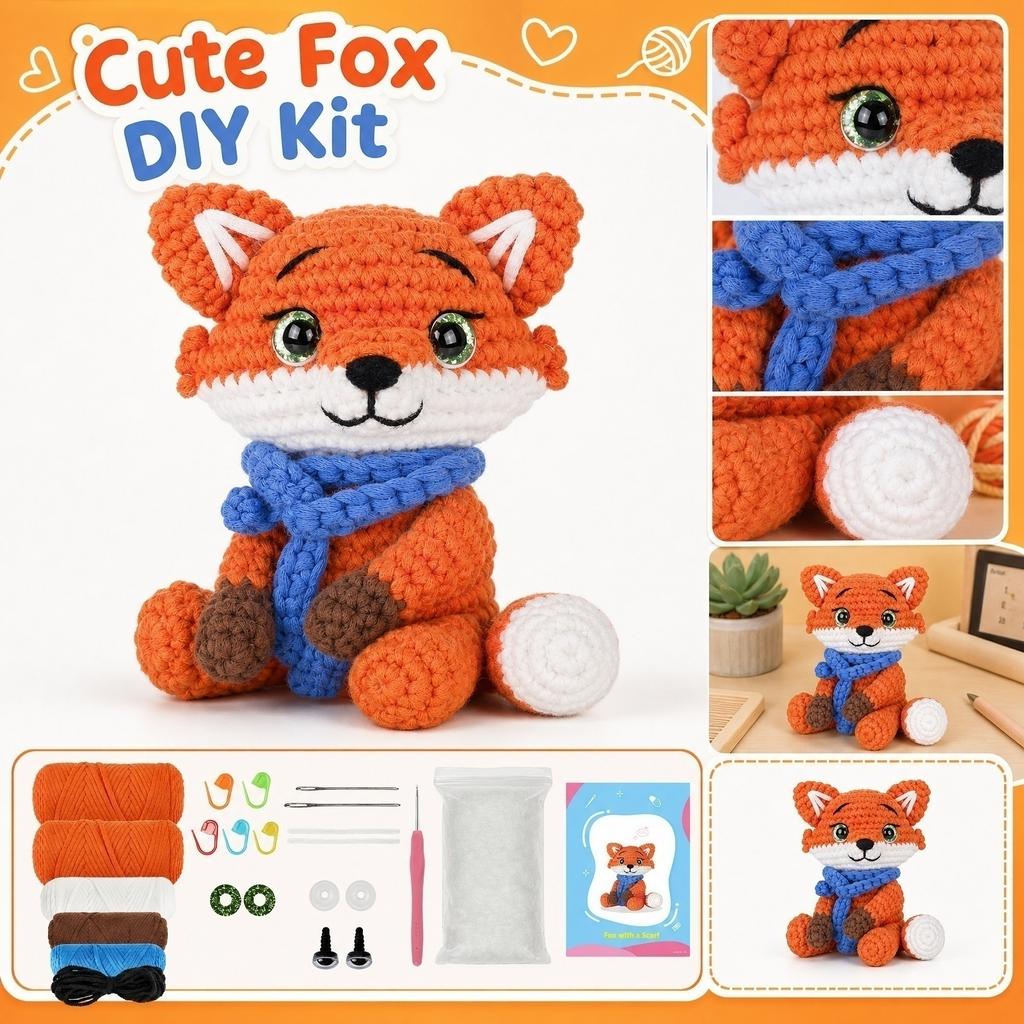 DIY Animal Fox Doll Craft Kit Crochet Plush Toy Handmade Materials Set for Beginners and Kids Projects