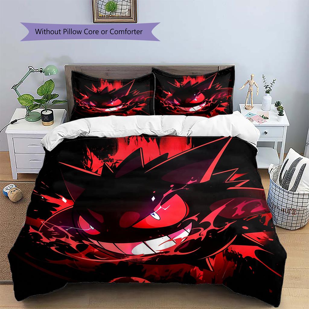 Pościel z wzorem Gengar Pokémon Dekoracja domu Prezent urodzinowy (1 * poszwa na kołdrę + 2 * poszewki na poduszki, bez rdzenia)