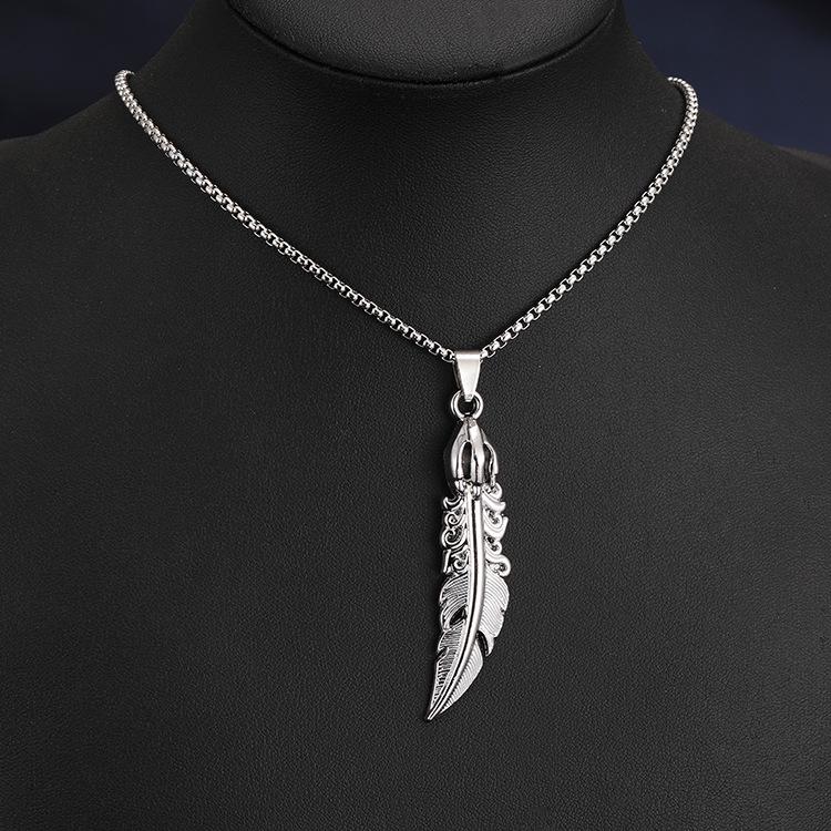 2025 Retro Feather Pendant Necklace - Personalized, Trendy European & American Style, Simple Long Stainless Steel Jewelry