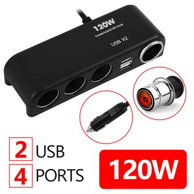 120W 4 Way Socket Car Cigarette Lighter Splitter Dual USB Charger Power Adapter