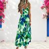Women Plus Size Spaghetti Strap V Neck Sleeveless Green Blue Printed A Line Long Dress