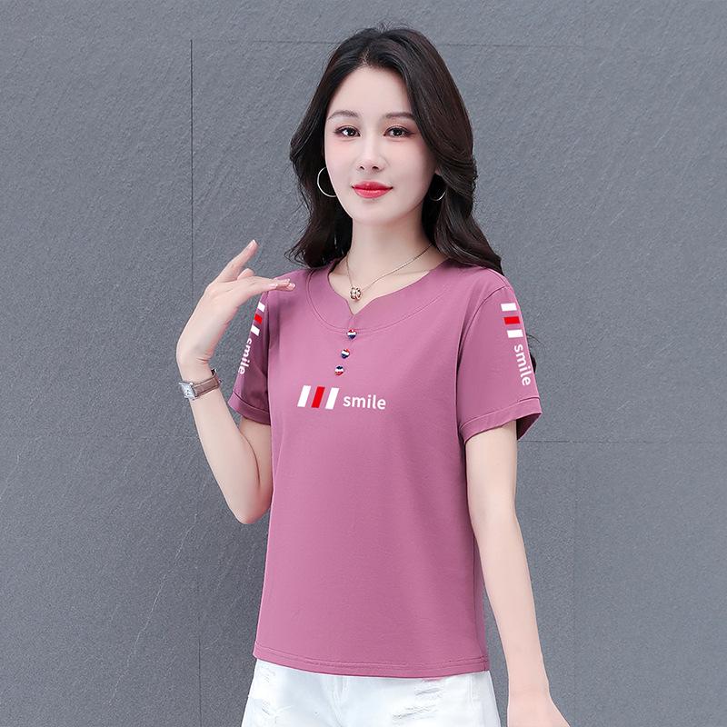Women's V-Neck Cotton T-Shirt: 2025 Summer Fashion for Middle-Aged Mothers - Stylish, Short-Sleeved, and Hot-Selling.