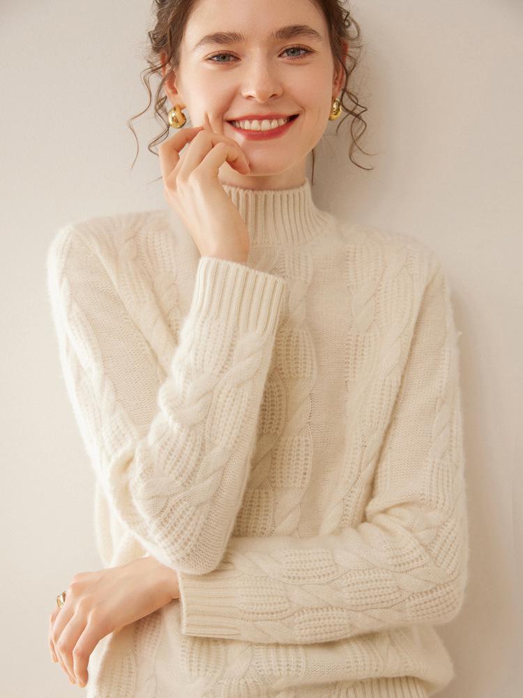 Women's Heavy Gauge Cashmere Cable Knit Sweater, Half-High Neck, Long Sleeve, Thickened Loose Pullover for Autumn Winter.