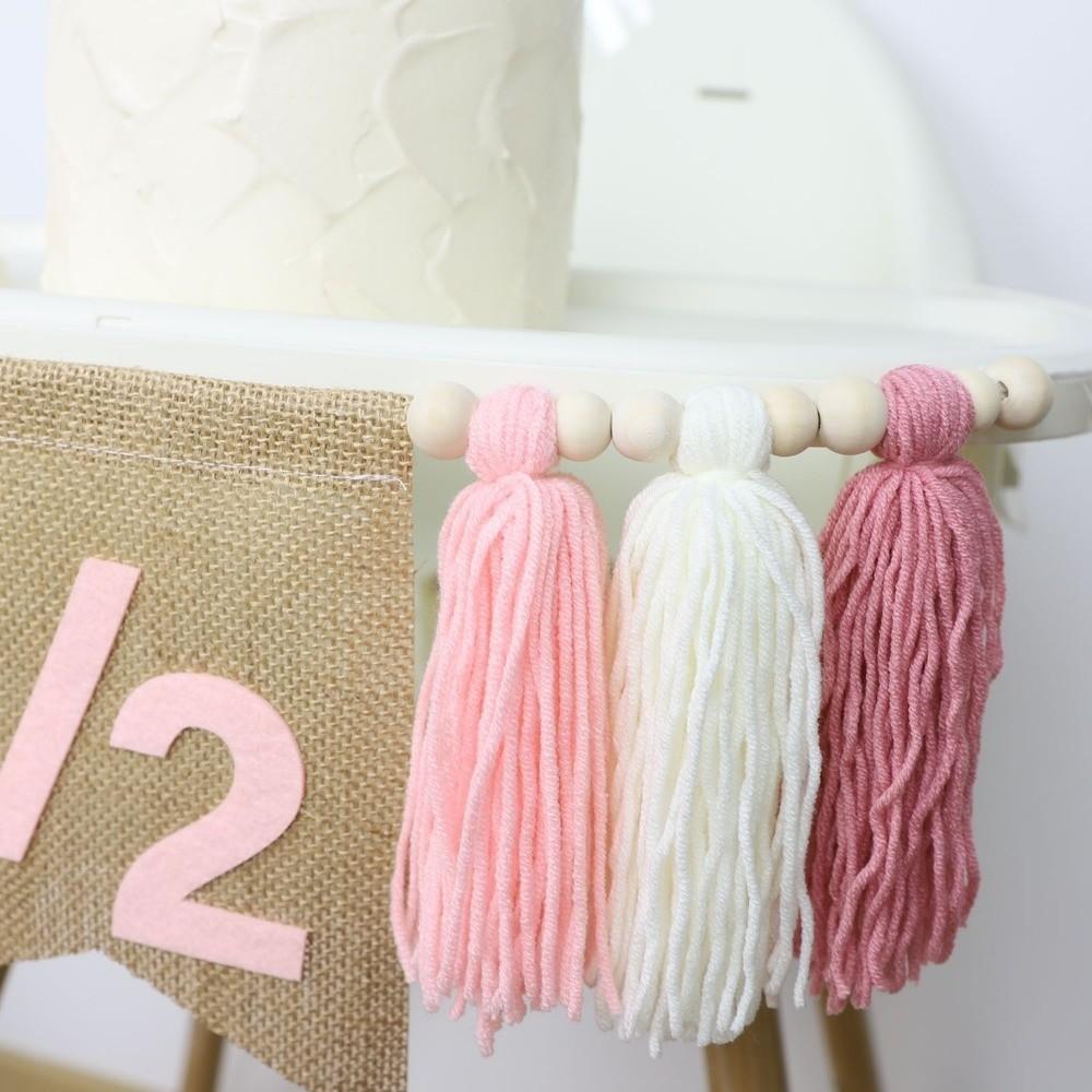 Boho 1st Birthday High Chair Banner Yarn Tassel Handmade Birthday Banner Wooden Bead Linen Hat Party Decoration Photography Prop