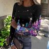 Women's Slim Fit Long Sleeve Base Layer T-Shirt with Christmas Print, Round Neck Pullover Top