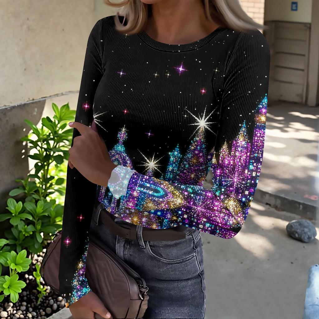 Women's Slim Fit Long Sleeve Base Layer T-Shirt with Christmas Print, Round Neck Pullover Top