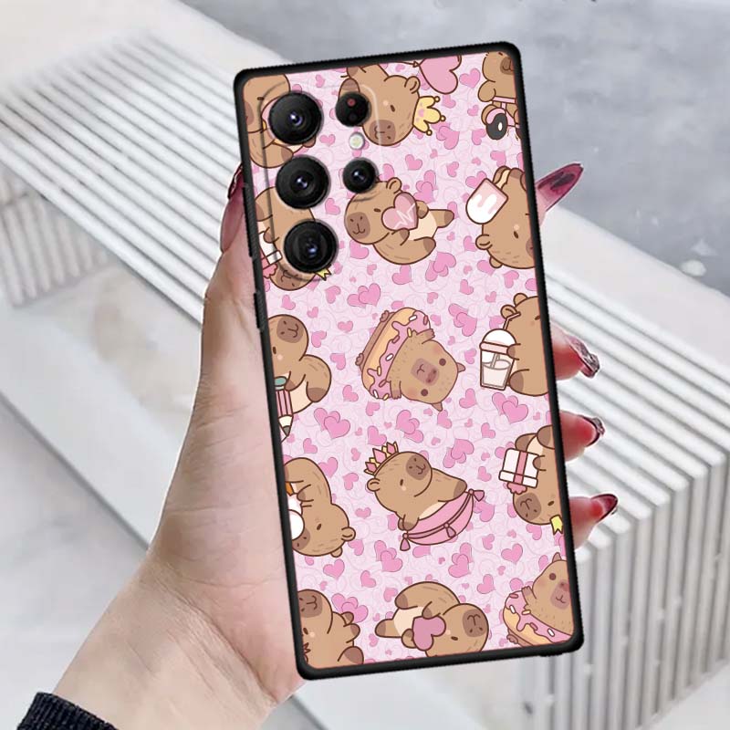 

Cartoon Anime Capibala Art Phone Case For Samsung Galaxy S26 S25 S24 S23 S22 S21 S20 Ultra Plus FE 5G Black Soft TPU Galaxy S24 FE