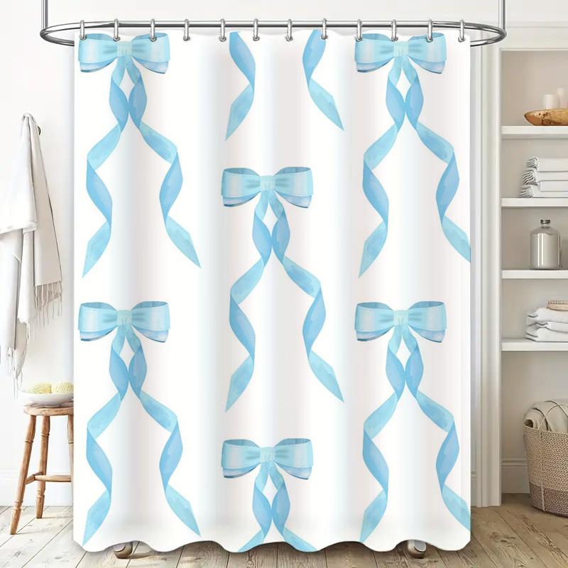Watercolor Blue Ribbons Shower Curtain Set Elegant Bowknot Design For Bathroom Decorations Modern Home Improvement Accessories F