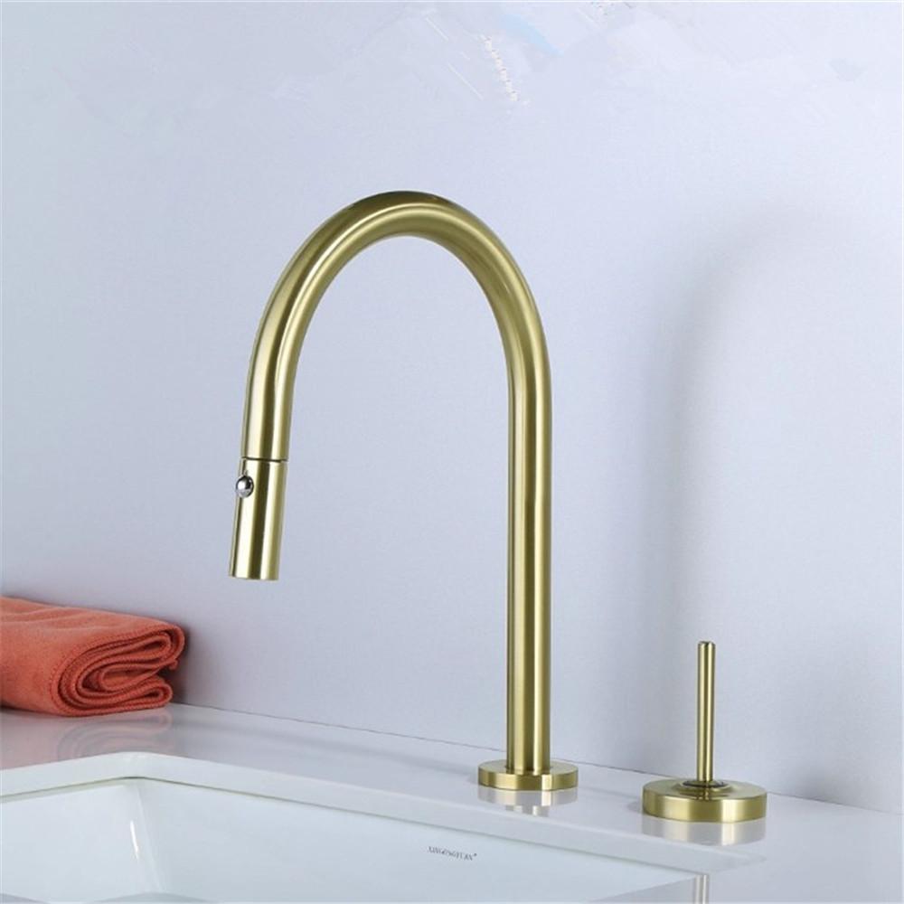 Brushed Gold Pull Out Basin faucet Black Bathroom Widespread  bathroom faucet sink tap 360 rotating widespread 2 Hole basin Tap