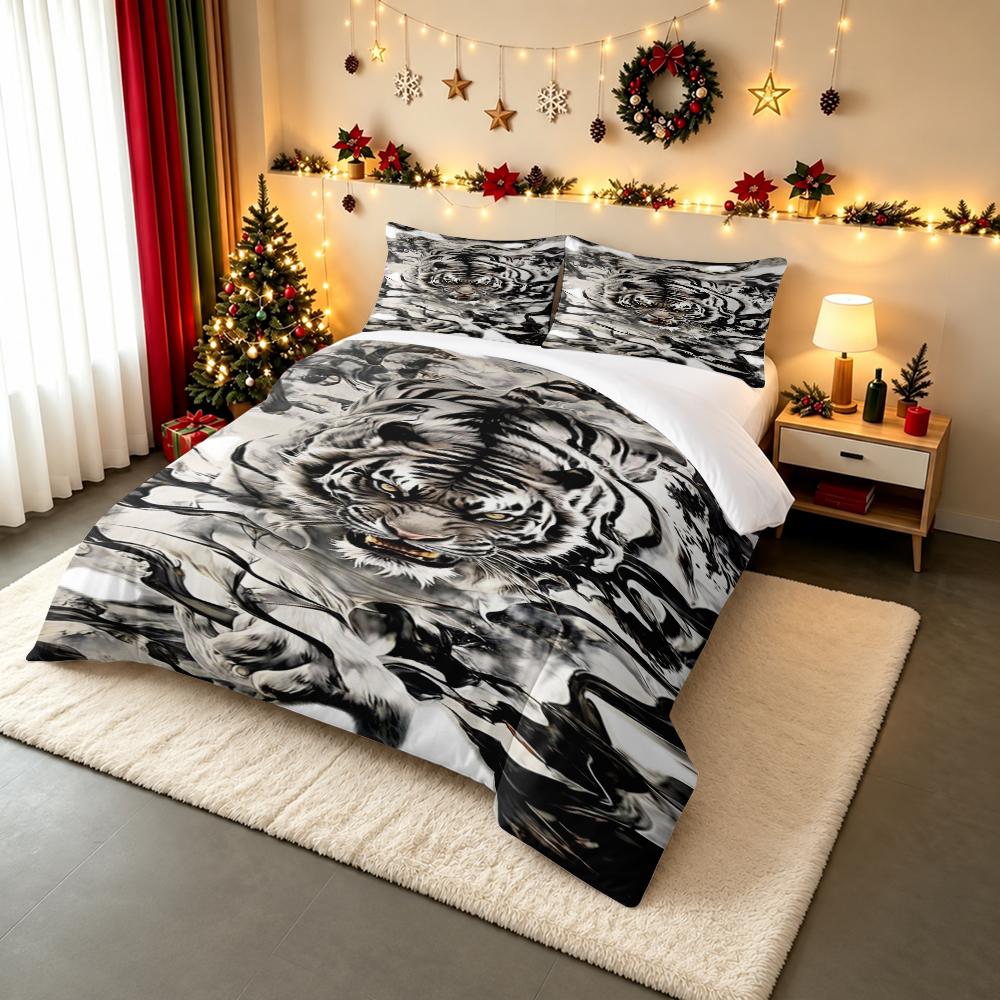 3 Piece Bedding Set with Duvet Cover and 2 Pillowcases - White Tiger Ink Splash Painting Art - Decor