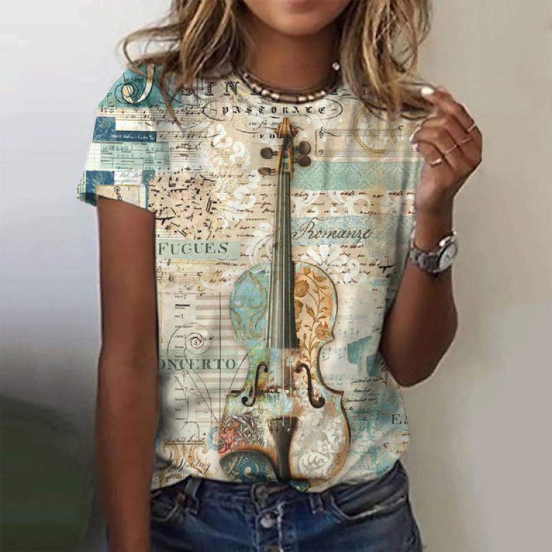 Women's Oversize T-Shirt 3d T-Shirt With Guitars Print Summrt O-Neck Short Sleeve Tops Rock Tee Streetwear Y2k Female Clothing