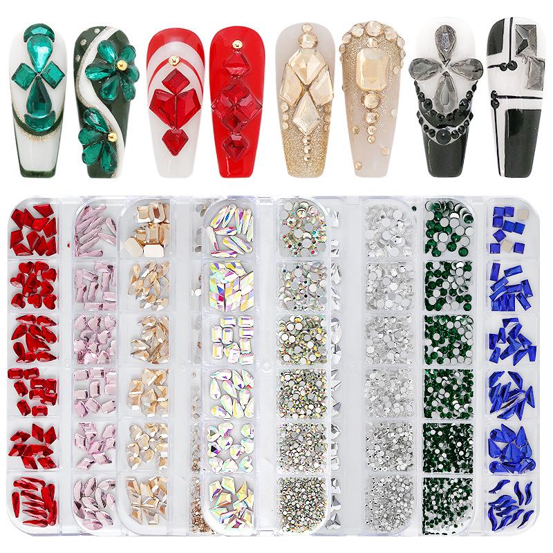"12-Grid Irregular AB Glass Diamonds for Nail Art"