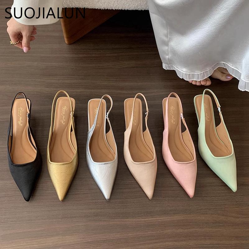 Fashion SUOJIALUN Summer New Brand Women Sandal Fashion Pointed Toe Sahllow Slip On Ladies Elegant Slingback Shoes Thin High Pumps