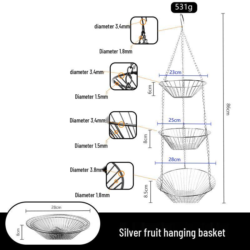 European Style Three-Tier Foldable Wrought Iron Fruit Hanging Basket