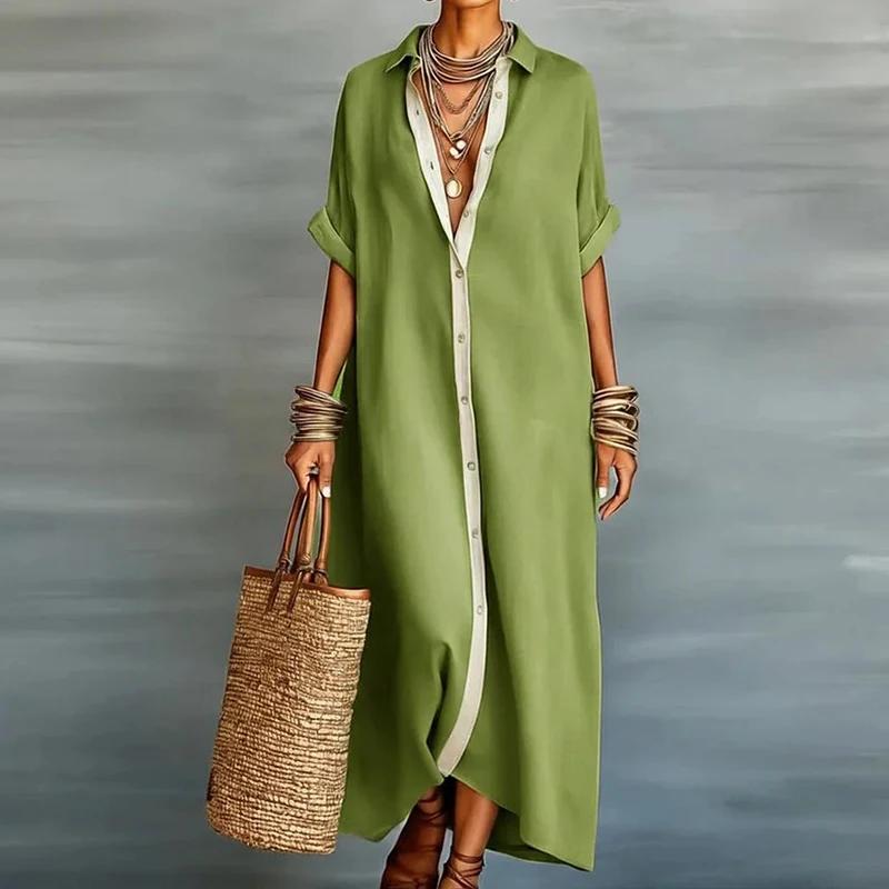 Contrast Color Cotton Linen Dress Three-Quarter Sleeves Spring Women's Solid Color V-Neck Lapel Button-Down Shirt Dress