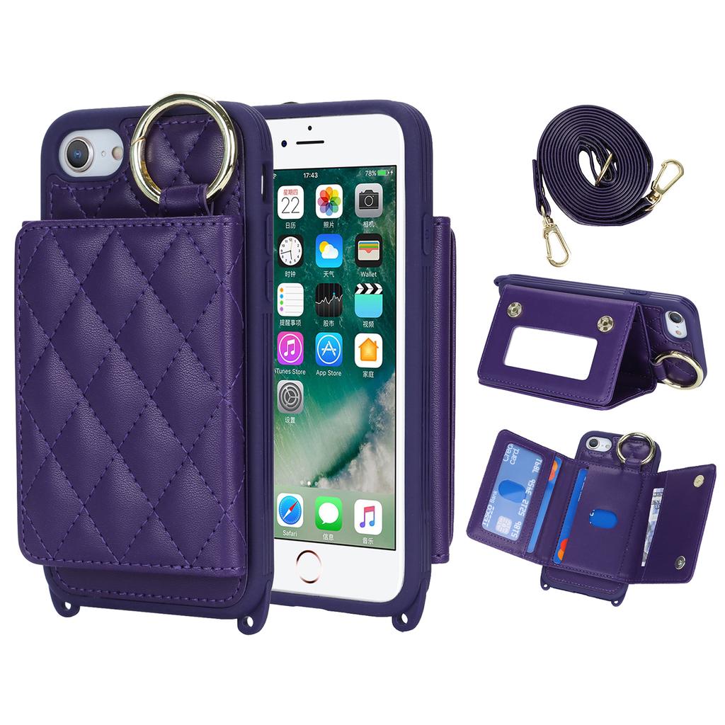 For iPhone SE (2022)/(2020)/8/7 Case with Lanyard/Mirror/Card Holder Grids Pattern RFID Blocking Phone Cover