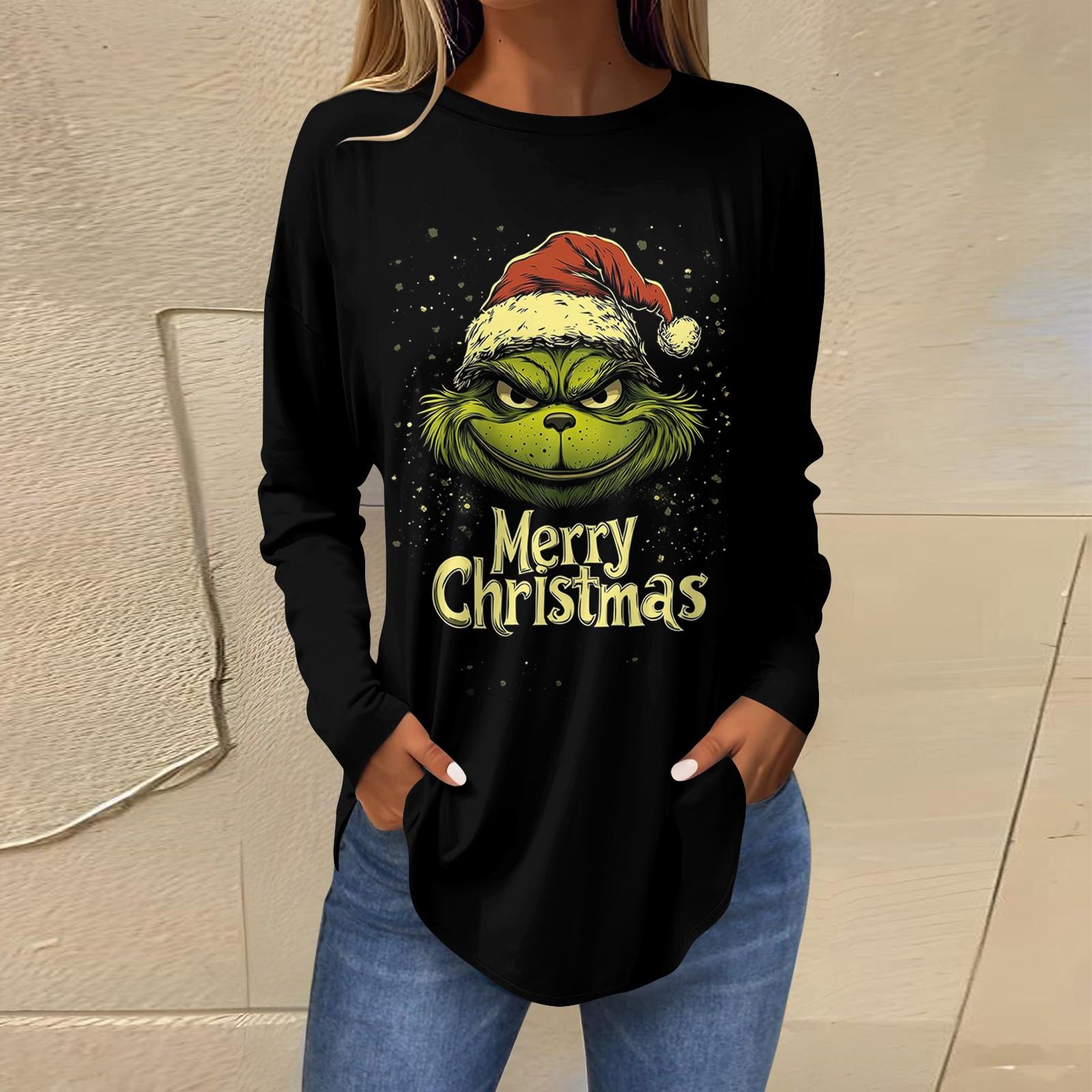 

Женская свободная футболка с длинным рукавом с круглым вырезом и принтом, верхний пуловер XL чёрный