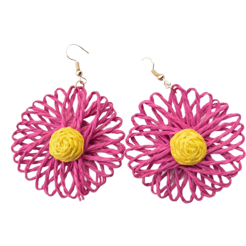 Bohemian Raffia Woven Flower Earrings & Brooches