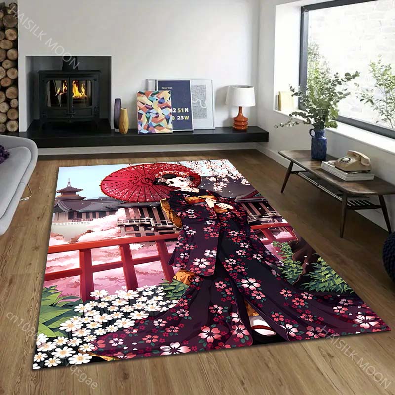 Japanese girl in Kimono Cherry Blossom Pattern Carpet for Living Room Bedroom Sofa Home Decor Non-slip Floor Mat Luxury Gift