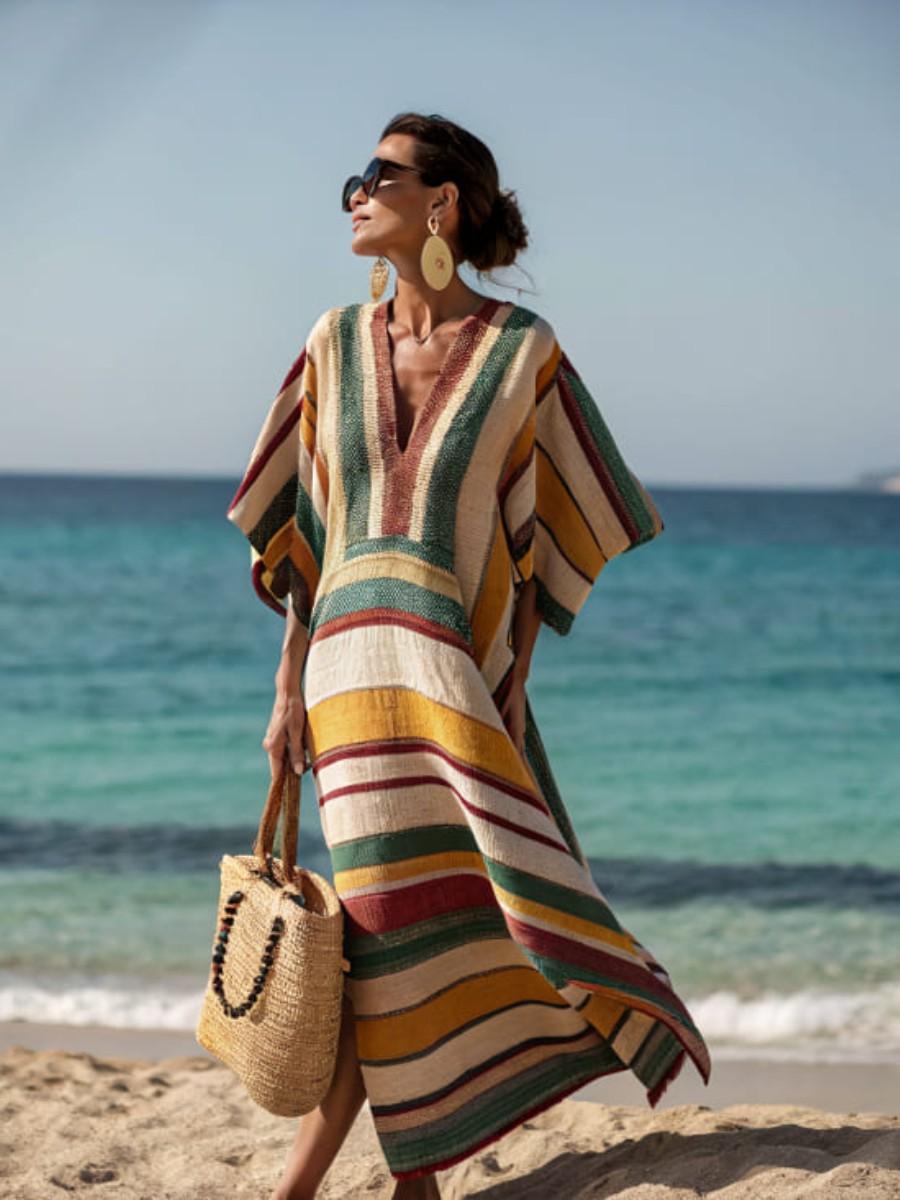 2026 Women s Clothing European and American Holiday Color Striped V-Neck Medium Sleeve Split Kaftan Dress Long Dress S
