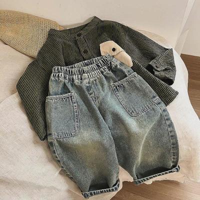 Frühling Herbst Freizeithose Kleine Mittelgroße Kinder Seitentasche Schleifen Weiß Jungen Jeans