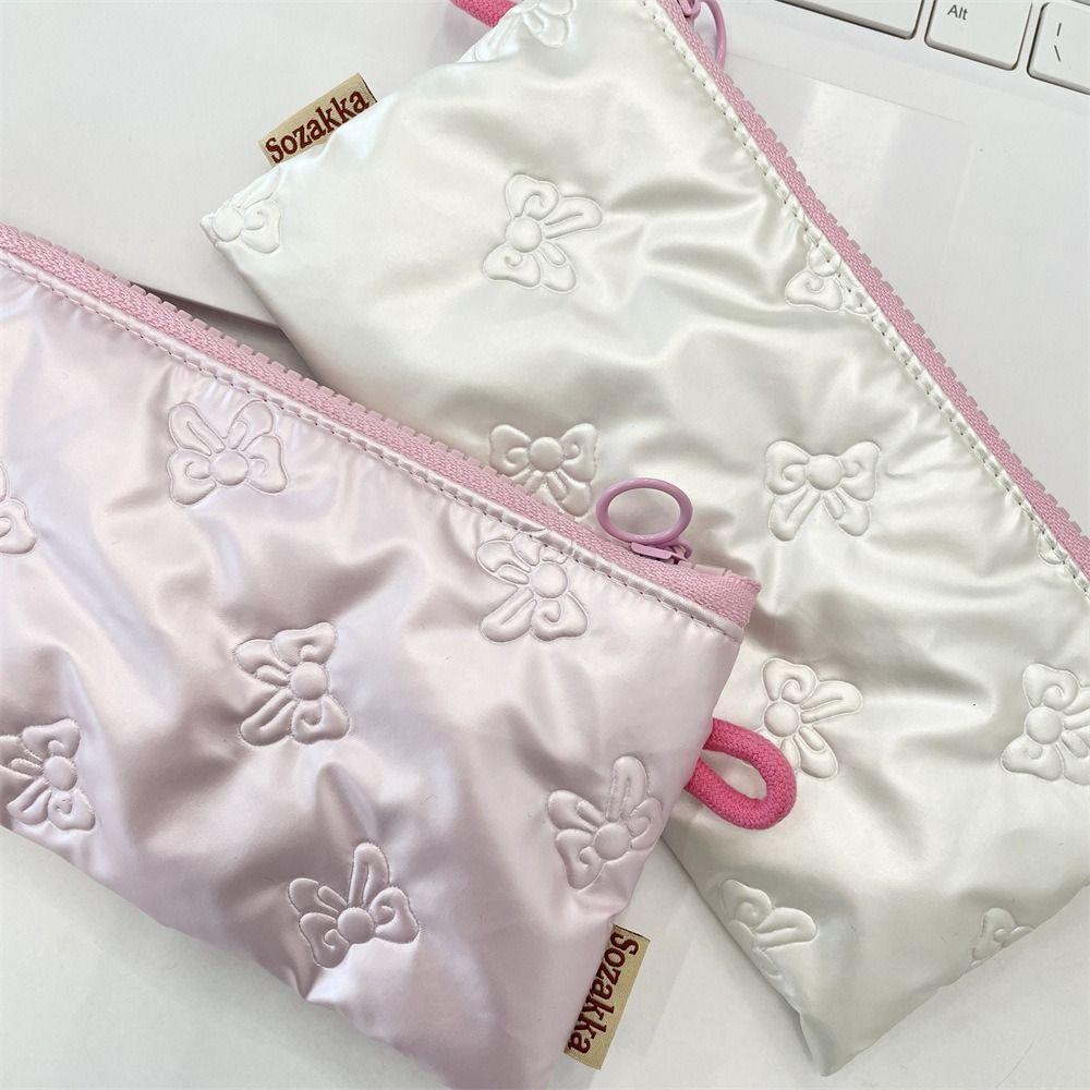 Fashion PU Leather Pen Bag Large Capacity Cute Quilted Bowknot Pen Pouch Stationery Storage Organizer for Girls Gift