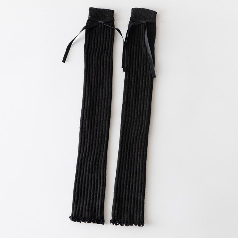 Women Harajuku Gothic Ribbed Knit Leg Warmer Socks Japanese Sweet Ribbon Bowknot Lettuce Ruffled Hem Foot Cover Stocking