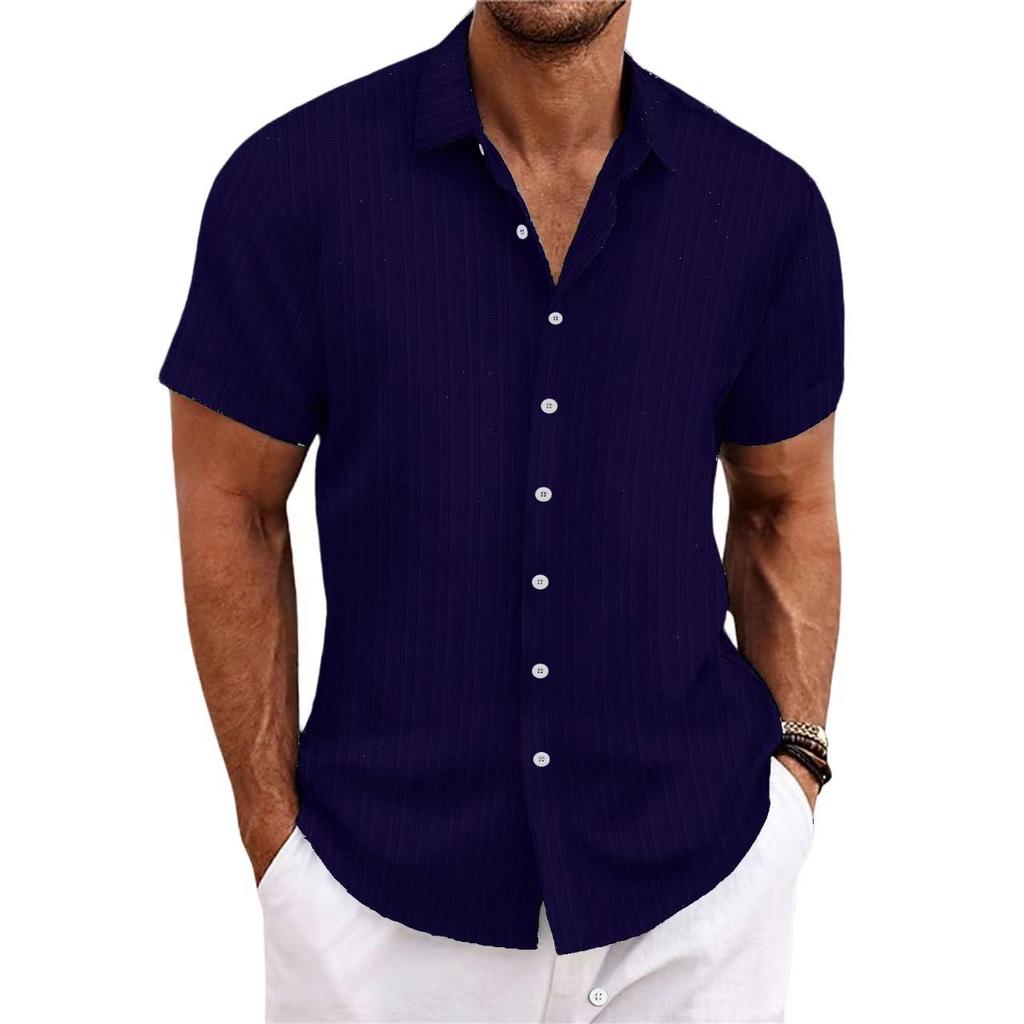 Herren Baumwolle Leinen Gestreift Atmungsaktiv Jacquard Kurzarm Freizeithemd